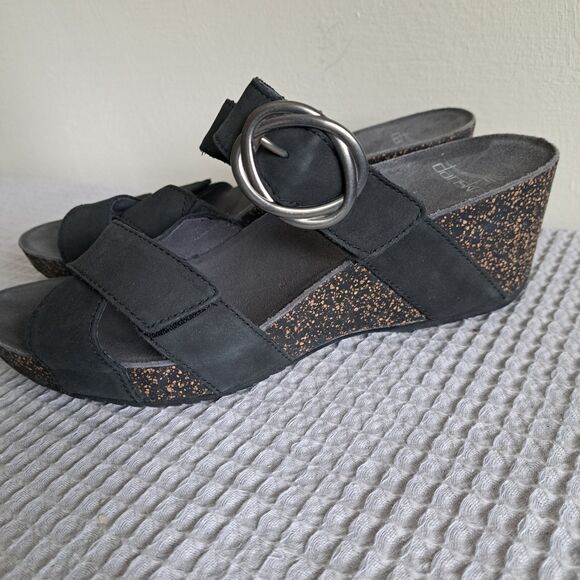 Dansko Black Wedge Sandals with Silver Buckle - Picture 12 of 16